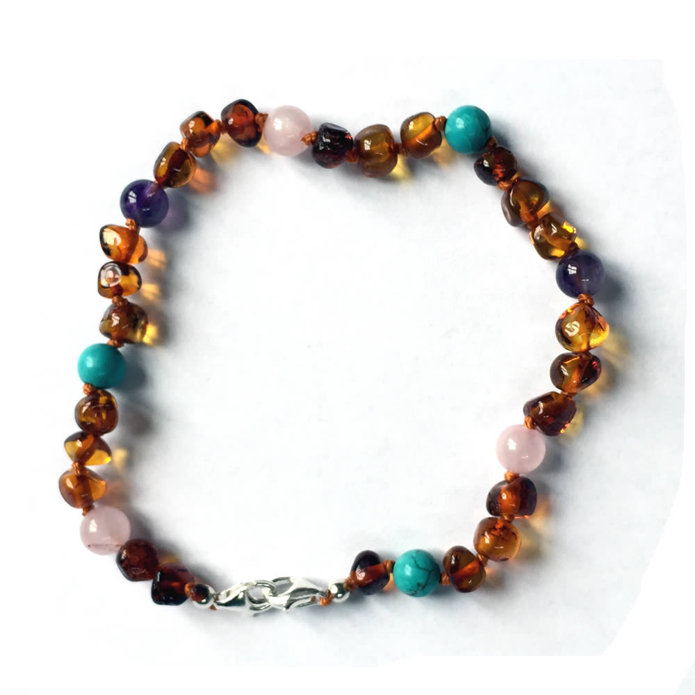 Adjustable Amber Turquoise Rose Quartz and Amethyst Bracelet